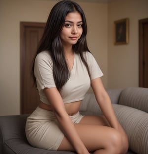 beautiful cute young attractive indian teenage girl, village girl, 18 years old, cute,  Instagram model, long black_hair, colorful hair, warm, dacing, in home sit at  sofa,Indian,
 masterbating
