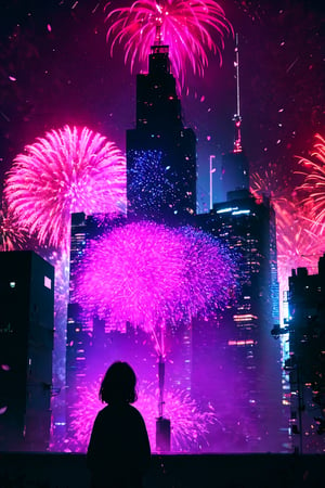withou people, flower, outdoors, sky, petals, night, plant, building, night sky, scenery, pink flower, city, facing away, fireworks,	 SILHOUETTE LIGHT PARTICLES,neon background
