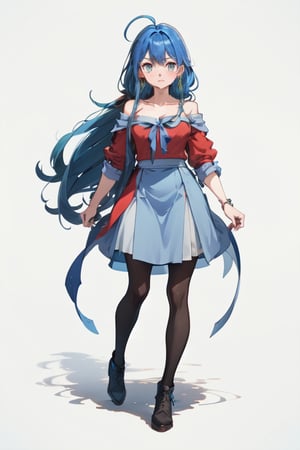 blue hair, long hair, red shirt, blue skirt, long skirt, ahoge, earrings, blue leggings, kingdom of rosas outfits, kingdom of rosas style, green eyes, gray blue skirt, red bareshirt, red off-shoulder shirt, fullbody, character sheet