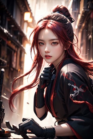 a Japanese ninja assassin girl, long red hair, ready to attack, high quality, high resolution, high precision, realism, color correction, proper lighting settings, harmonious composition.