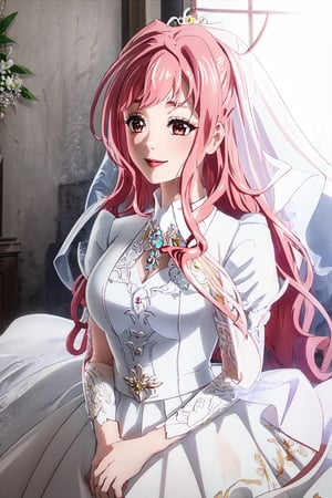 1girl, solo, yanagidakaoruko,  wearing a white shimmering satin ballgown wedding dress, big white bow, with big puffy princess skirt, long train, with a long veil, lace and diamond bodice, bow on belt, and tiara and diamond earrings and necklace, white satin elbow length opera gloves, highly detailed, vibrant colors and background, smiling, in a church, holding bouquet,, portrait photograph, hair, (sultry flirty look), ((gorgeous symmetrical face)), cute natural makeup, realistic, concept art, elegant, highly detailed, intricate, sharp focus, depth of field, f/1. 8, 85mm, medium shot, mid shot, (((professionally color graded))), sharp focus, bright soft diffused light, (volumetric fog),ruanyi0263