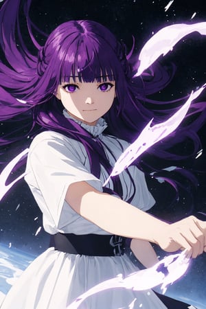 masterpiece , (dynamic pose), (slightly smiling with closed mouth), ( Fern, long hair, bangs, purple eyes, purple hair, sidelocks, blunt bangs,),((no gravity , floating in the air)), (holding a small black hole), frost and ice, snow_crystal_background, Fern