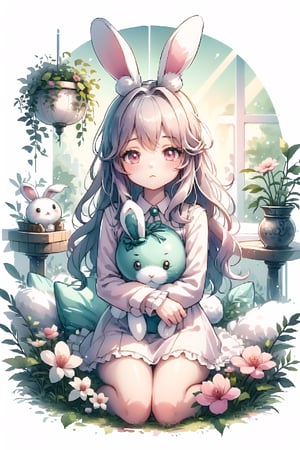 beautiful illustration, best quality, cute girl, bedroom, pastel color, fluffy bunny ears, , silver long hair, rabbit stuffed toy, bright lighting, light pink eyes, background,scenery,CrclWc,CuteSt1,WtrClr