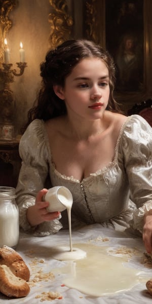 (masterpiece portrayal of one character in intimate action), ((a beautiful young woman spilling milk onto herself)),  spilling, splashing, messy, sloppy, 

full body vibrant illustrations, intricately sculpted, realistic hyper-detailed portraits, queencore, depicts real life, 
the scene happens in a luxurious baroque bedroom, detailed background, illuminated with a thousand candles