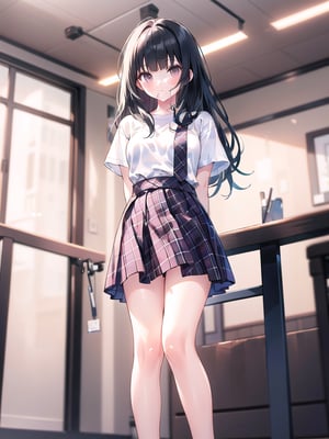 1girl, solo, long hair, bangs, skirt, shirt, black hair, standing, white shirt, short sleeves, indoors, blunt bangs, plaid, feet out of frame, plaid skirt, arms behind back, realistic