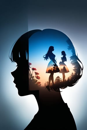 silhouette of a woman in profile. Inside the silhouette you can see the double exposure with a flower, masterpiece, ((double exposure)), proportional.,DOUBLE EXPOSURE