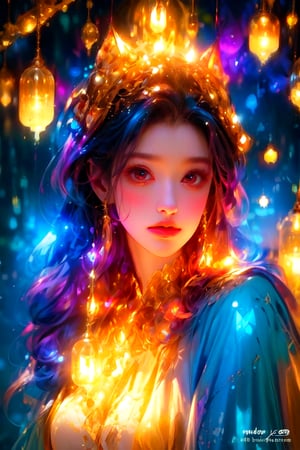 A stunning sorceress, enveloped in prisms of color, is adorned in her most exquisite attire and her finest jewels. fancy light