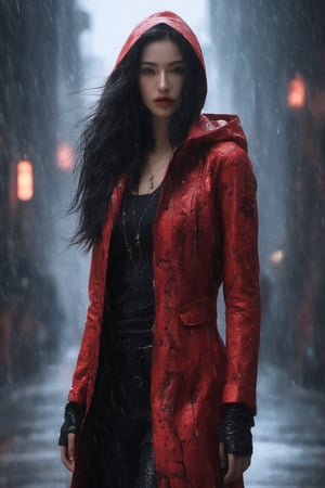 A captivating, fantasy portrait of a confident woman standing tall in the rain, exuding an enigmatic aura. She dons a black leather jacket, a red dress, and high black boots, with dark eyes and flowing loose black hair cascading down the left side of the canvas ink splash art piece featuring a strong female figure clad in a fiery red dress and a black hooded leather jacket. The contours of her face and body are boldly defined by expressive, sharply etched strokes, creating a striking contrast to her vibrant attire. The background is a whirlwind of turbulent energy, with a stormy sky and sea displaying stark lines and vivid hues. Waves crash dramatically against the shore, and the woman stands unwavering, embodying resilience, determination, and inner strength amidst the chaotic environment, ukiyo-e, dark fantasy, cinematic, poster, painting, photo, architecture, product, wildlife photography, typography, 3d render, illustration, vibrant, anime, conceptual art, graffiti, fashion, portrait photography.