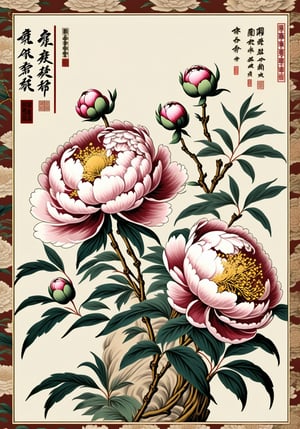 fabric print design Peony pattern, Chinese legendary flower, willow tree , combined with ancient Chinese paintings which is an advertising billboard Antique Chinese items, vintage, light colored background.