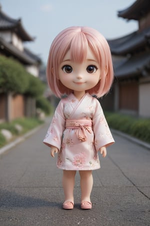 masterpiece,best quality,high resolution,PVC,rendering,chibi,high resolution,a girl,anya forger,pink hair,long bob hairstyle,kimono outfit,grey eyes,smile,selfish goals,chibi,tokyo landscape,smile,smiley,self-righteous,full body,chibi,3d character,toy,doll,character print,front view,natural light,((real)) 1.2)),dynamic pose,medium movement,perfect movie-like perfect lighting,perfect composition,outfit,anya_forger_spyxfamily,JediOutfit,BnnBnn,