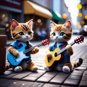 Two kittens, wearing casual clothes,they are playing guitars on a crowded street,one is playing piano,they play the musical instrument as if they were real human, others pass them by,plush doll art,photo by Sony A7R5, shot on 35mm,imitated material --ar 3:4 --s 250