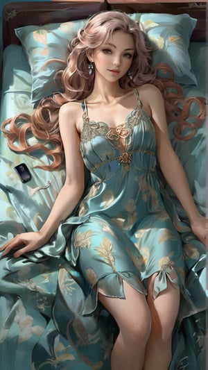 woman laying on a bed with a pillow and a cell phone, a pastel by Eva Frankfurther, reddit, art nouveau, summer dress, wearing in a summer dress, silk dress, cute sundress, cute dress, beautiful silky dress, sundress, in a dress, beautiful soft silky dress, flowing dress, soft cute colors, wearing sundress