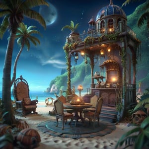 MAGICAL cute STORYBOOK tropical bay , shabby STYLE lovely terrace on the beach, view on the tropical bay , summer  Modifiers: highly detailed dof trending on cgsociety steampunk fantastic view ultra detailed 4K 3D whimsical Storybook beautifully lit etheral highly intricate stunning color depth disorderly outstanding cute illustration cuteaesthetic Boris Vallejo style shadow play The mood is Mysterious and Spellbinding, with a sense of otherworldliness  otherwordliness macro photography style LEONARDO DIFFUSION XL STYLE vintage-futuristic