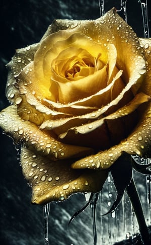 A double-exposure shows  a yellow rose  through the water of  a waterfall,  dark palette,  high resolution and contrast and colour contrast,  intricately textured and extremely subtle detailed,  detailmaster2,  backlight,  ultra quality,  fine artwork ,more detail XL,photo r3al,dramaticwatercolor