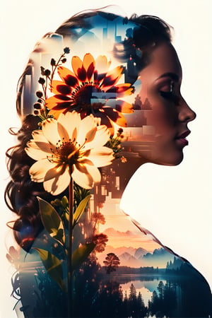 silhouette of a woman in profile. Inside the silhouette you can see the double exposure with a flower, masterpiece, ((double exposure)), proportional.,DOUBLE EXPOSURE,SDXL