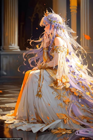 The story, a weeping and praying fairy princess ((Side view)), ((full body)), attractive and pure eyes, golden eyes, delicate features, slightly dirty and messy hair, flowing long hair, glistening tears, dramatic lighting, platinum and light purple hair reflecting light, Mucha style, mural, traces of war, early morning. An abandoned medieval European-style royal palace hall in ruins. The scene depicts crumbling pillars, tattered tapestries, broken chandeliers, and overgrown vegetation reclaiming the space. Sunlight filters through shattered stained glass windows, casting eerie yet beautiful patterns on the dilapidated walls and floor, evoking a sense of ancient grandeur lost to time. elaborate scene style, glitter, realistic style, 8k, exposure blend, medium shot, bokeh, (hdr:1.4), high contrast, (cinematic, dark orange and white film), (muted colors, dim colors, soothing tones:1.3), low saturation, (hyperdetailed:1.2), (noir:0.4), whole body, perfect light, Detail, masterpiece