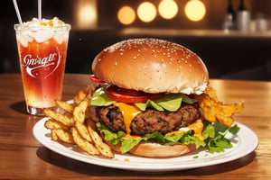 One burger complete with toppings, on a white plate, wooden table, there is a soda drink beside it, Being at a fast food place, blurry effect, The glowing light, 