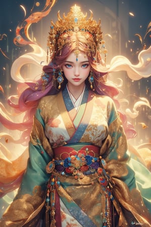 busty and sexy girl, 8k, masterpiece, ultra-realistic, best quality, high resolution, high definition, The figure wears an FLOWER headdress adorned with gold accents and pearls. LOW-CUT, FLOWER PATTERN KIMONO. Gold embroidery and gemstones create a sense of luxury. The fabric drapes elegantly, suggesting a flowing robe or gown. The overall color palette—rich golds and glowing whites. COLORFUL SMOKE BACKGROUND.,ELIGHT
