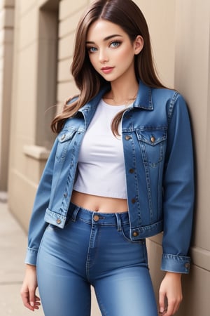 beautiful detailed eyes, tight jeans, cropped denim jacket