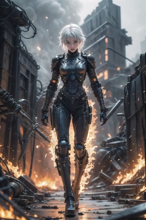 Captured in mid-stride, a lone figure emerges from the smoldering ruins: a slender young female cyborg with piercing blue eyes and striking white hair, clad in a futuristic black and red battle suit. The desolate alien battlefield stretches behind her, littered with twisted metal and shattered debris. Her gaze is fixed ahead, eyes blazing with determination as she surveys the devastation.,ghostrider