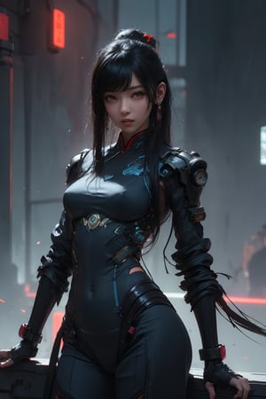 Sexy Pose , (masterpiece),(solo), 1 Japanese beauty, white hair ,  (high sexual attraction,long hair), in the dark night, (sexy Chinese Hanfu+body implants) ,(highly detailed background of ancient Indian achitechture with neon lights) ,Cyberpunk,Enhance,  Chinese fantasy art