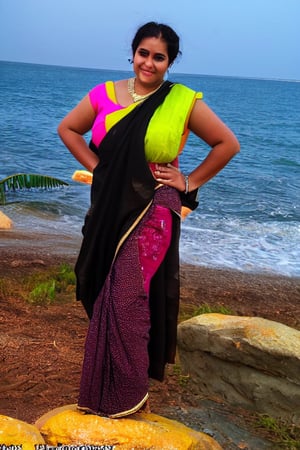 curvy thick Indian young adult beautiful 25years Indian teen, slim body, nice curves, cotton fabric Indian black saree, indian saree, cotton tight black blouse, outdoor, COOL WEATHER, standing near beach, seaside, photorealistic, lusty smile on face, flirting face, big busty boobs, five_fingers, infulencer, model ,