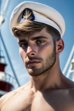 (front view), hyperrealistic, cinematic photo,(masterpiece), high details, ultra-realistic, (a virile 30yo man, dark blond fade hair cut), full body, wearing white speedo, sailor cap, looking at viewer,on a ship, octan light, 32k, close, blurry background, low angle