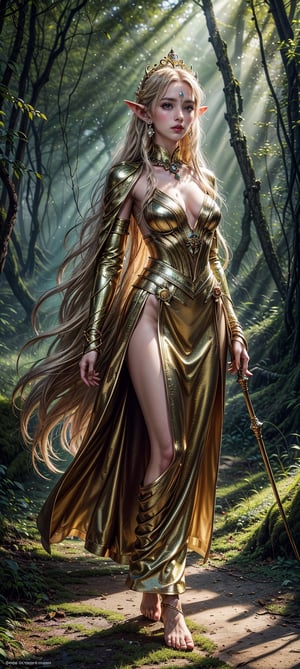 Here's a prompt based on your description: A majestic Elf Princess stands resolute amidst ancient forest ruins, her staff aloft as golden sunlight filters through gnarled willow trees, casting a warm halo around her regal form. Enchanted attire glows with amber and gold hues, while lush foliage and vines entwine her, set against a dappled backdrop of worn stone and moss-covered roots. The camera's sharp focus centers on the princess's striking features, framed by the rule of thirds composition as she stands at the intersection of two diagonals. As golden hour's soft light bathes the scene, the mystical atmosphere unfolds, inviting the viewer to enter this whimsical realm.
