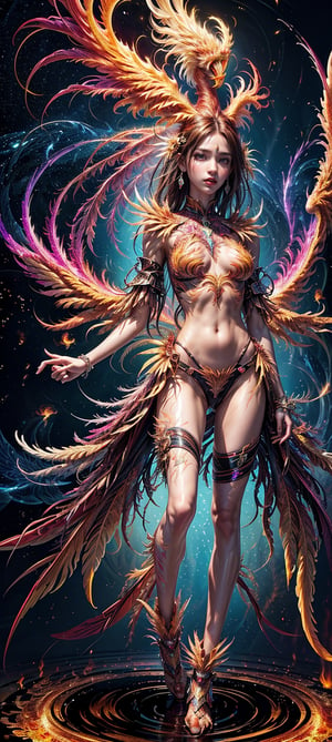extreme detailed, (masterpiece), (top quality), (best quality), (official art), (beautiful and aesthetic:1.2), (stylish pose), (1 woman), (fractal art:1.3), (colorful), (A majestic phoenix reborn from digital ashes in a blaze of holographic flames theme: 1.5), long wave hair, ppcp, show navel, full body, perfect, ChineseWatercolorPainting, Nature, see through, big eyes, beautiful korean girl, looking at viewer