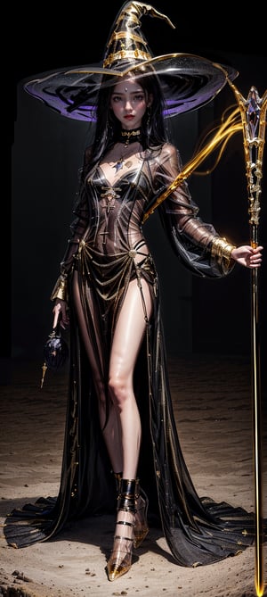 extreme detailed, (masterpiece), (top quality), (best quality), (official art), (beautiful and aesthetic:1.2), (stylish pose), 1girl, (colorful), (fog, black, gold, desert, transparent, staff, witch theme: 1.5), full body, slim body, petite, skinny, looking at viewer, long hair, 



 