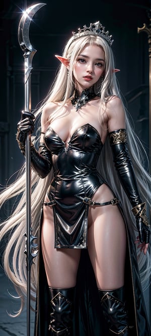  kawaii knight, weapon, Large Axe, Elf, white dress, Tiara, long hair, solo, Platinum hair, holding, gloves, holding weapon, blush, simple background, holding Axe, long hair, closed mouth, full body, white background, standing, 1girl, golden eyes, masterpiece, best quality, aesthetic, illustration, big eyes, beautiful korean idol, looking at viewer



 