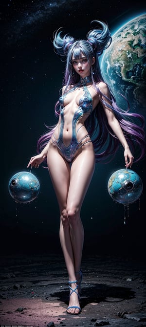 In a vibrant, otherworldly setting, a petite, slender girl with an extraterrestrial skin pattern featuring intricate, swirling alien designs stands tall, her piercing gaze directly addressing the viewer. Her long, flowing locks cascade down her back like a river of starlight. The camera captures her full body in a dynamic pose, emphasizing her slim physique. The artwork is a masterpiece of beauty and aesthetics, boasting top-notch quality and an official art aesthetic. 



 