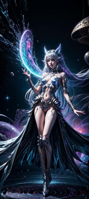 A humanoid figure with shimmering, iridescent fur radiates an otherworldly aura. Celestial antennae protrude from her temples, as if attuned to the whispers of the cosmos. She stands within a shell of wonder, surrounded by swirling vortex energies that evoke planetary dreamscape. Her full body glows with vibrant hues of red, yellow, and iron, as if infused with cosmic enchantment. In this surreal artistry, she embodies an alien essence, her very presence conjuring an amber-hued aura that seems to defy the laws of physics.