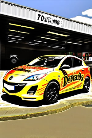 a fully visible mazda 3  with a Desperados the beer themed paintjob 