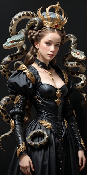 arafed woman in a black dress and a snake with a crown on her head, inspired by Lucas Cranach the Elder, inspired by Agnolo Bronzino, inspired by Dino Valls, inspired by Hendrik Goltzius, inspired by Parmigianino, inspired by Sofonisba Anguissola, inspired by Lucas Cranach the Younger