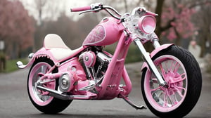 Imagine a chopper bike styled in pink Lolita fashion. The bike's frame is painted a soft pastel pink, adorned with intricate white lace patterns and floral decals. The seat is upholstered in plush pink fabric with frilly lace trim, adding a touch of elegance. Handlebars feature delicate ribbons and small bows, while the wheels have heart-shaped spokes. The bike's overall design combines the ruggedness of a chopper with the whimsical, fancy elements of Lolita fashion, creating a unique and eye-catching ride.