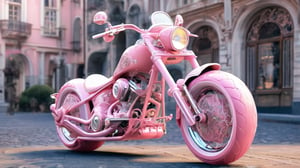 Imagine a chopper bike styled in pink Lolita fashion. The bike's frame is painted a soft pastel pink, adorned with intricate white lace patterns and floral decals. The seat is upholstered in plush pink fabric with frilly lace trim, adding a touch of elegance. Handlebars feature delicate ribbons and small bows, while the wheels have heart-shaped spokes. The bike's overall design combines the ruggedness of a chopper with the whimsical, fancy elements of Lolita fashion, creating a unique and eye-catching ride.