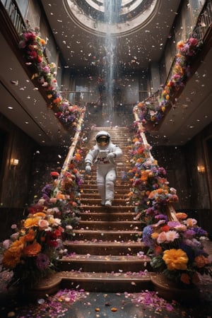 1 man,Astronauts surrounded by flowers, Colorful flowers falling like a waterfall, a flood of petals, astronauts landing on a flower star,staircase,astronaut_flowers,FlowerStyle