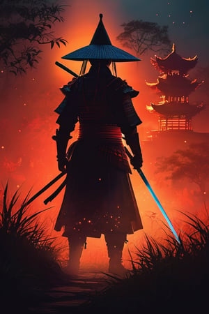 A captivating and enigmatic digital illustration features a shadowy figure, seemingly a warrior or samurai, kneeling amidst a dimly lit, foggy field. The character dons a wide-brimmed straw hat and a mysterious mask, concealing their identity. Their hand grips a magnificent sword with intricate engravings that emit a mesmerizing, fiery red aura. The background reveals a traditional, architectural structure—possibly a temple or shrine—bathed in the soft glow of floating embers or fireflies. The composition by Hans Darias exudes an eerie atmosphere, skillfully blending warm and cool tones to evoke a palpable sense of tension and expectation.