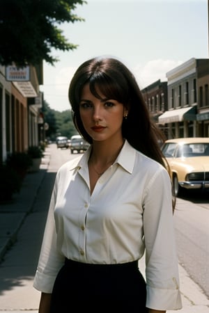 A photo portrait of a gorgeous female special agent in a smalltown street summer 1968