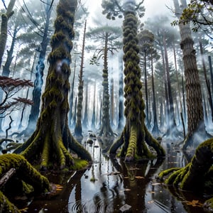 a photo of a foreboding clearing shrouded in mist and night, a stand of decaying trees stands tall, their bark weathered to gray and overgrown with vibrant moss. The air is heavy with the sweet scent of burning wood as blazing fires surround the entrance to the grove. In the center, darkness begins to seep out like ripples on water's surface. Terrible, haunting shapes emerge from its depths, moving menacingly towards the trees as if summoned by some ancient evil.,no_humans