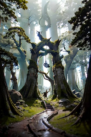 In a eerie clearing, a stand of rotting trees, shrouded in moss, towers above the landscape. Two vibrant trees, their trunks painted in kaleidoscopic hues, frame the entrance like an otherworldly portal. The forest floor's dark shadows writhe like living tendrils, while dappled sunlight casts an unsettling underwater glow. Hundreds of tiny clay figures, carvings, and trinkets hang from the branches, each a miniature depiction of a bat- winged, tentacle-faced entity, casting a bizarre and disturbing atmosphere.