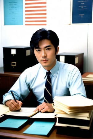 A professional photo of a 25-year-old  mixed american japanese archivist. He sits confidently at his office with mysterious documents in summer 1968 . 60s sixties vintage