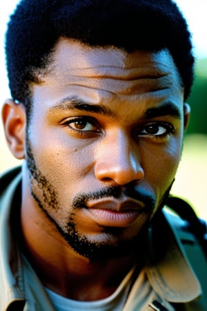 A close-up shot of a 29-year-old African American special forces undercover agent, set against the warm tones of a summer afternoon in 1968. He sits confidently, his weathered face and intense eyes framed by a slight shadow, as if illuminated by the fading sunlight. A hint of sweat glistens on his brow, testament to the heat and humidity. His expression is stoic, yet revealing a glimmer of determination, as if holding secrets close to his chest.