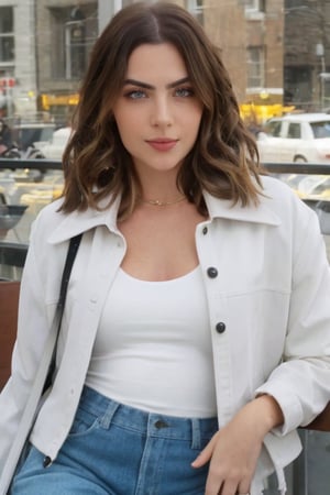 hyperrealistic photo of Jade Picon on a casual day, realistic and detailed eyes, wearing dark wash skinny jeans, a white cotton t-shirt with a subtle detail, and a brown leather jacket. She is in a charming cafe, with a steaming cappuccino in her hands, smiling slightly as she observes the busy street. The image should have a cinematic style, with focus on the actress and her casual and elegant look. 