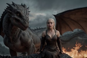 hyperrealistic photo of Emilia Clarke, as Daenerys Targaryen, in an epic and dramatic scene from "Game of Thrones". She is riding her dragon Drogon