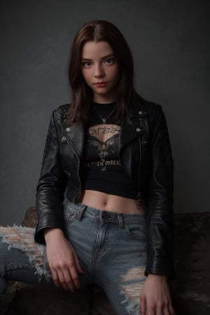 Realistic full body photo of Anya, realistic and detailed face, realistic and detailed eyes, dressed in rock style, wearing a black leather jacket and ripped jeans, with a guitar in the background, cinematic style
