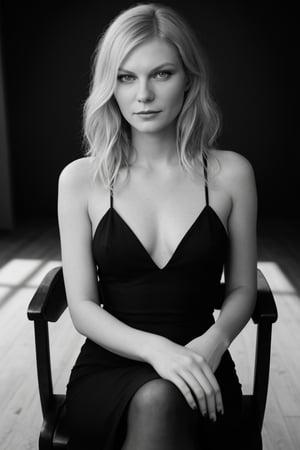 classic black and white portrait of Kirsten Dunst, focusing on her face and her blonde hair. She wears a sleek black dress and is sitting on a vintage chair, in a studio with dramatic lighting and a neutral background. The image is rich in detail, with dark and deep tones, and a sharp focus on Kirsten's gaze.