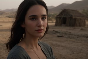 Jennifer Connelly in a scene from the movie "Blood Diamond", with a strong and determined look. She is in an African village, with a harsh and desolate environment, with a simple and resistant look, wearing a white t-shirt and jeans. Her gaze is firm and unwavering, reflecting the strength of her character. The image has a cinematic style, with warm colors and contrasting shadows, capturing the atmosphere of the movie. 