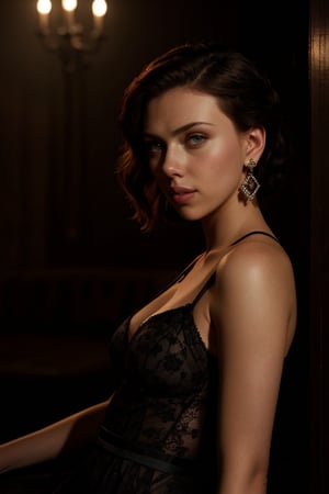 A hyperrealistic photo of Scarlett Johansson in an enigmatic pose, wearing a black lace dress with a deep neckline. She is in a dark setting, with dim light that highlights the details of her dress and the contours of her face. Her eyes shine intensely, with a mysterious expression. She is wearing black gemstone earrings, which complement the mystical atmosphere of the setting. 